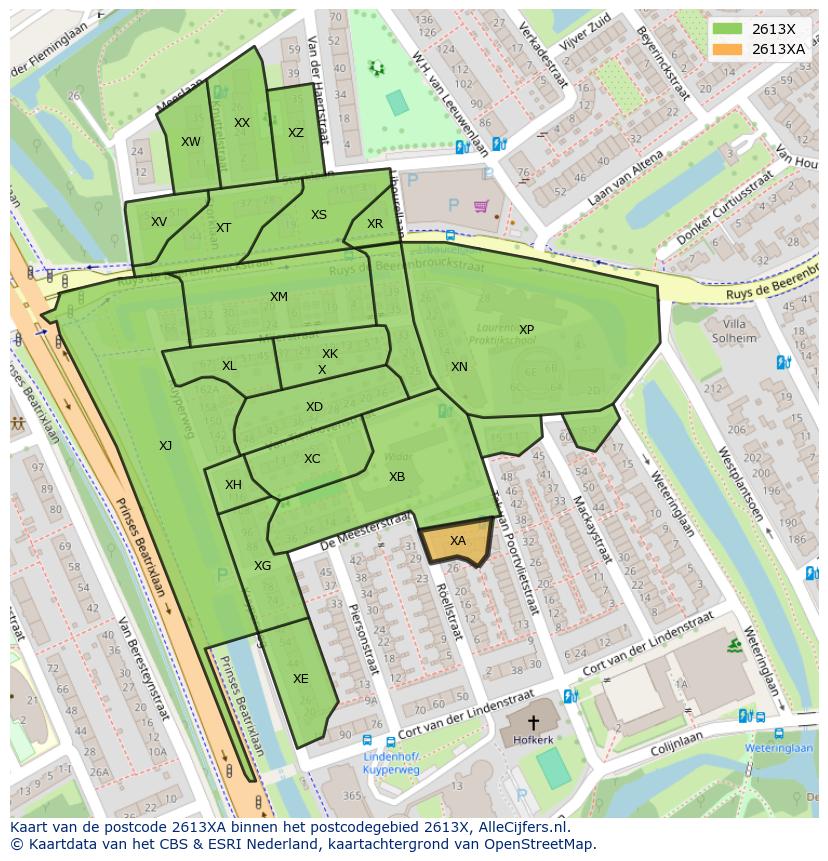 Afbeelding van het postcodegebied 2613 XA op de kaart.