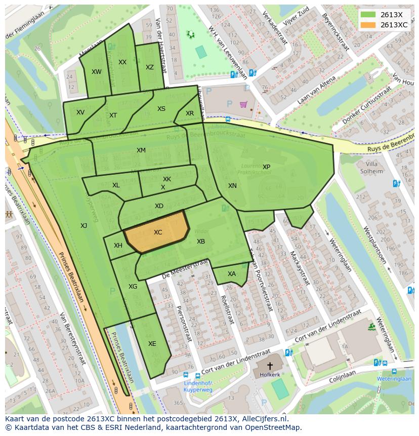 Afbeelding van het postcodegebied 2613 XC op de kaart.