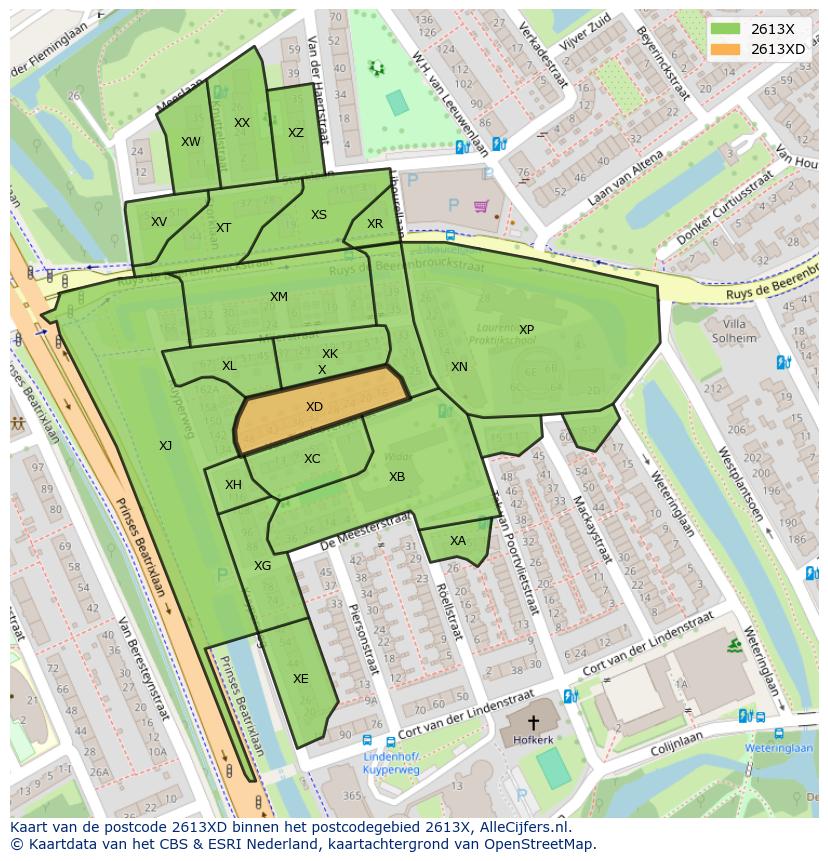 Afbeelding van het postcodegebied 2613 XD op de kaart.