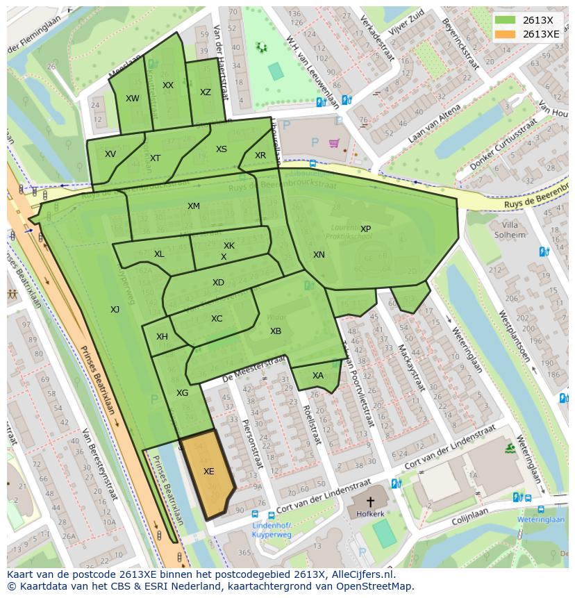 Afbeelding van het postcodegebied 2613 XE op de kaart.