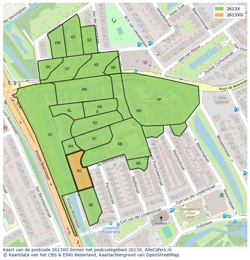 Afbeelding van het postcodegebied 2613 XG op de kaart.