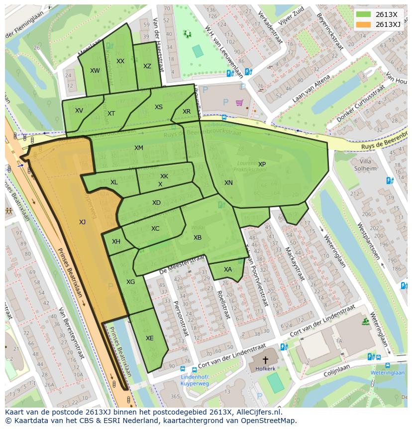 Afbeelding van het postcodegebied 2613 XJ op de kaart.