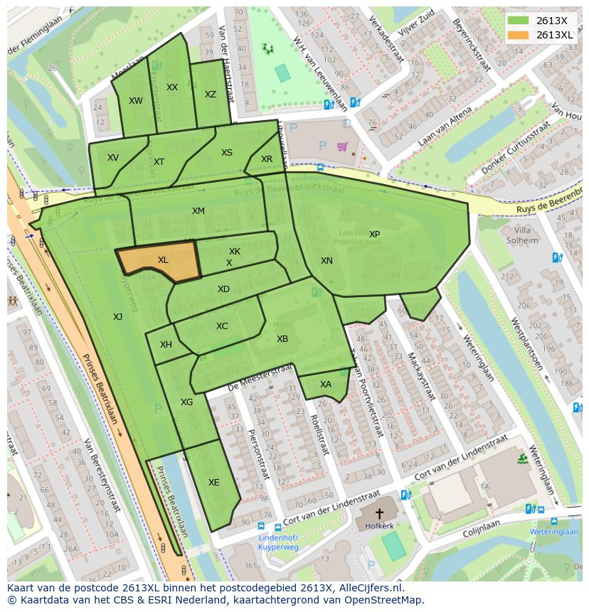 Afbeelding van het postcodegebied 2613 XL op de kaart.