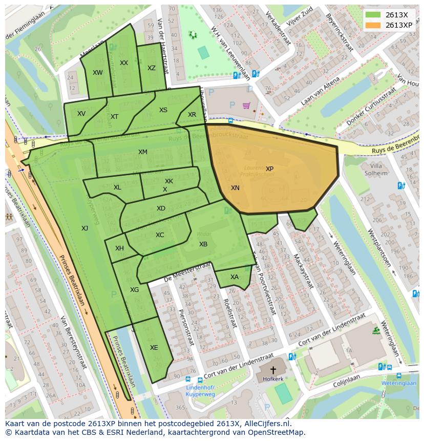 Afbeelding van het postcodegebied 2613 XP op de kaart.