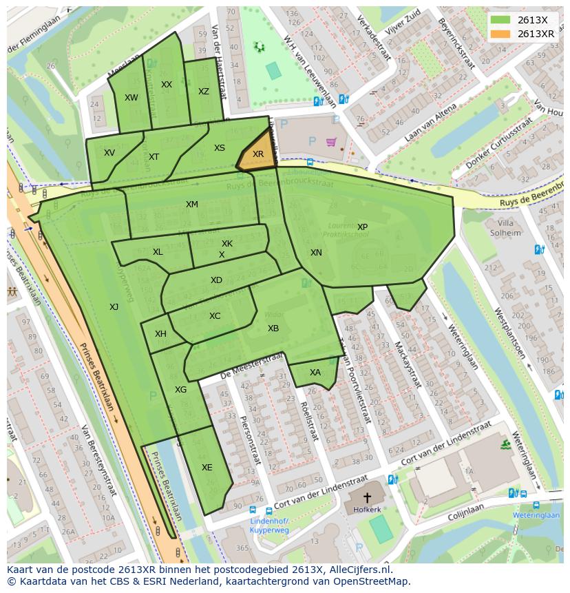 Afbeelding van het postcodegebied 2613 XR op de kaart.