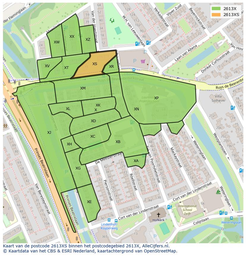 Afbeelding van het postcodegebied 2613 XS op de kaart.
