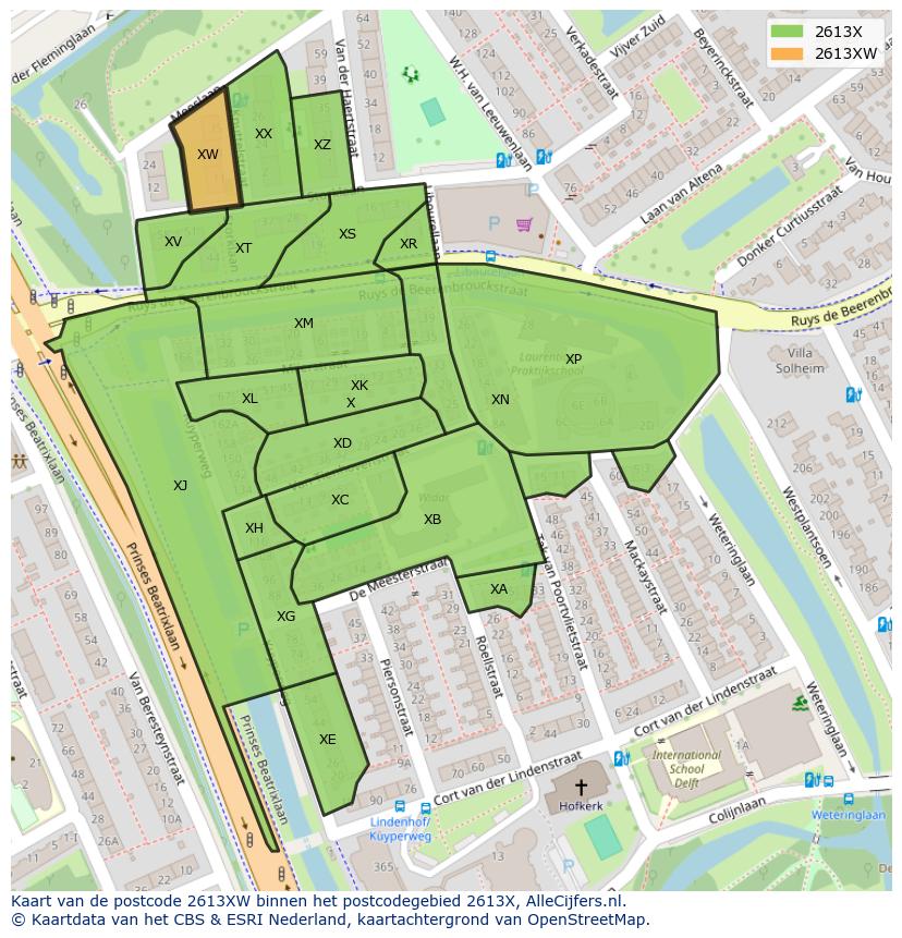 Afbeelding van het postcodegebied 2613 XW op de kaart.