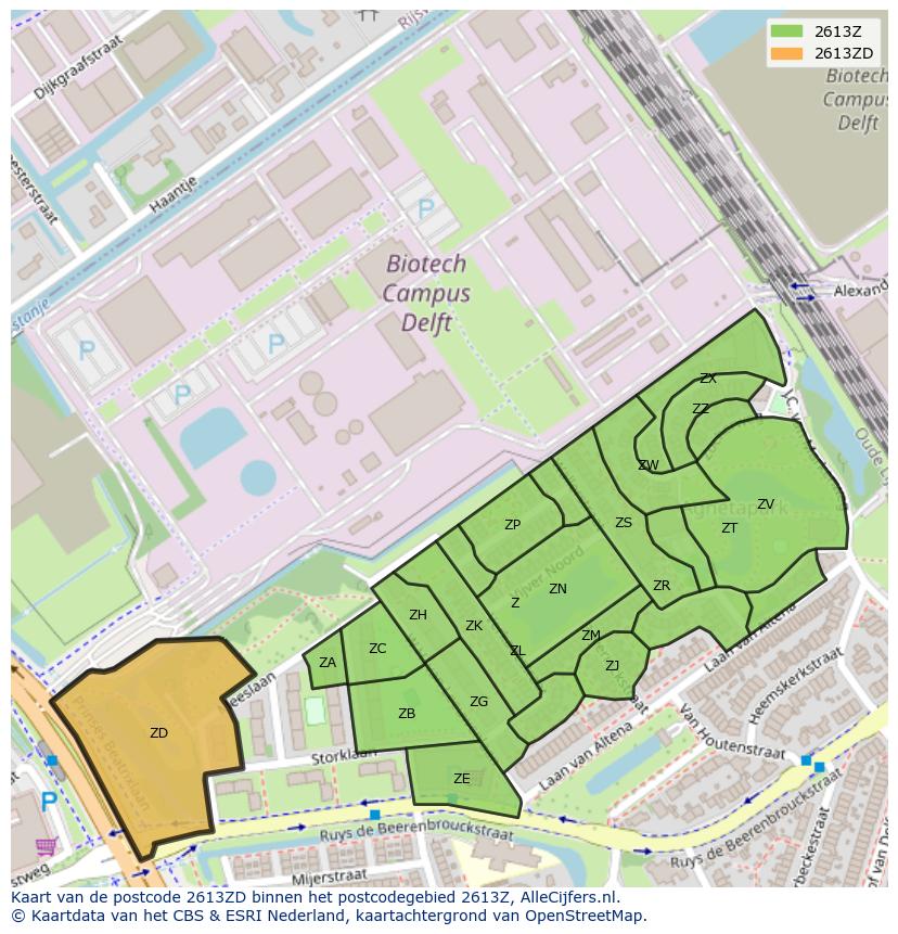 Afbeelding van het postcodegebied 2613 ZD op de kaart.