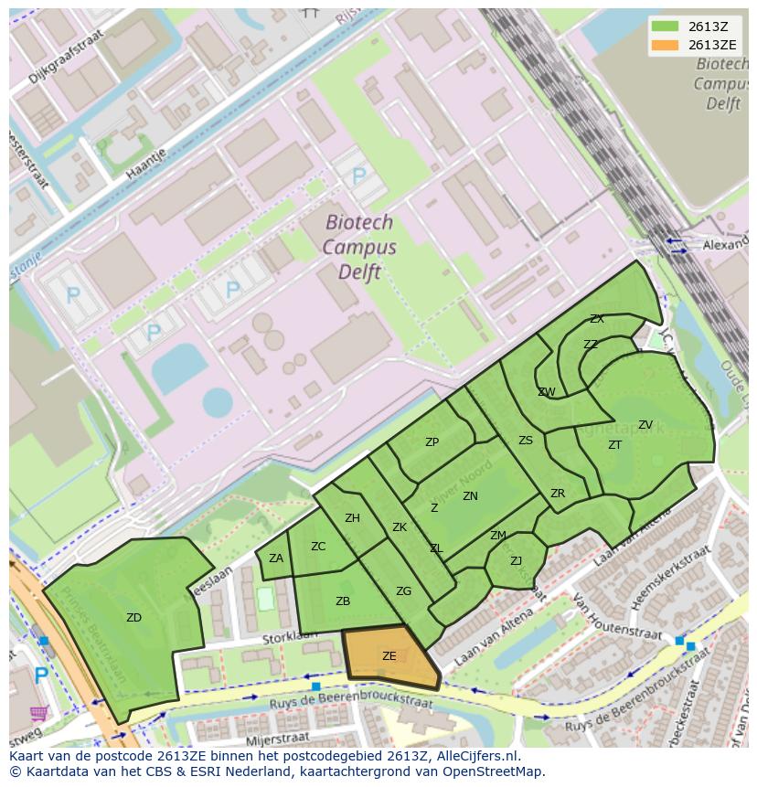 Afbeelding van het postcodegebied 2613 ZE op de kaart.