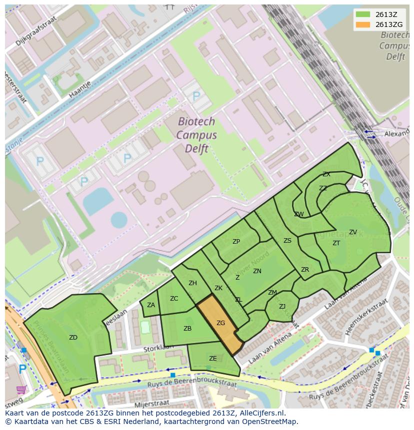 Afbeelding van het postcodegebied 2613 ZG op de kaart.