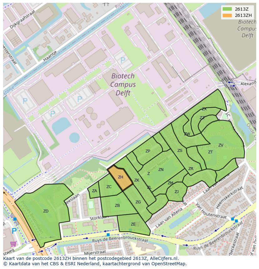 Afbeelding van het postcodegebied 2613 ZH op de kaart.