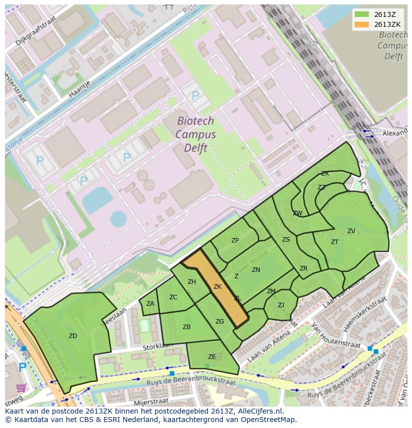 Afbeelding van het postcodegebied 2613 ZK op de kaart.