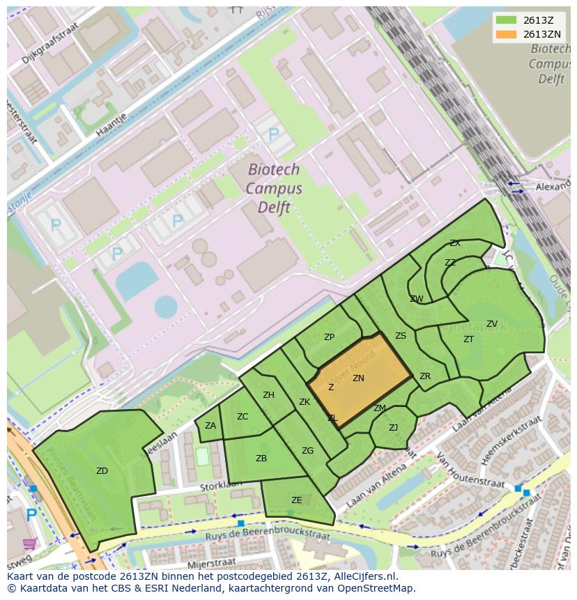 Afbeelding van het postcodegebied 2613 ZN op de kaart.