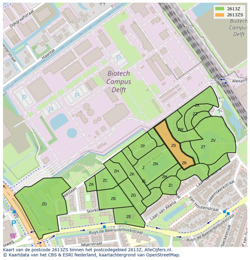 Afbeelding van het postcodegebied 2613 ZS op de kaart.