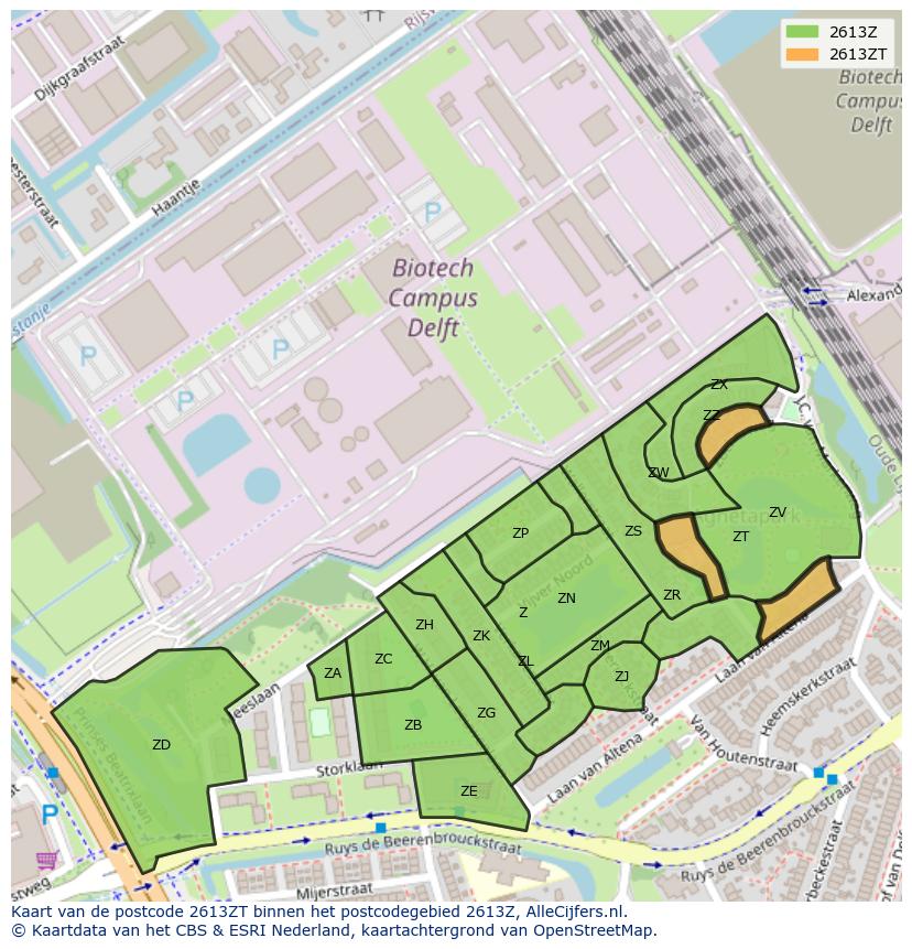 Afbeelding van het postcodegebied 2613 ZT op de kaart.