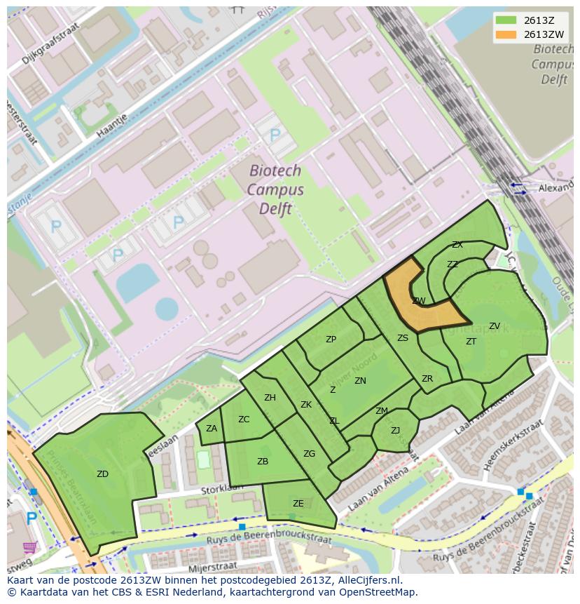 Afbeelding van het postcodegebied 2613 ZW op de kaart.