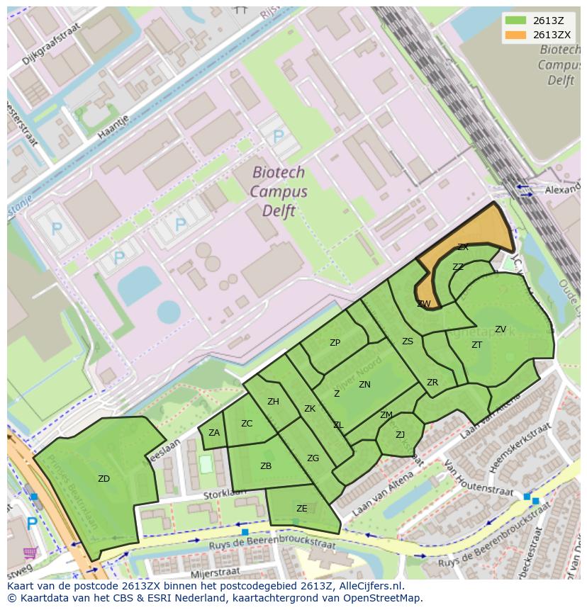 Afbeelding van het postcodegebied 2613 ZX op de kaart.