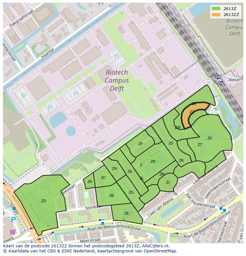 Afbeelding van het postcodegebied 2613 ZZ op de kaart.