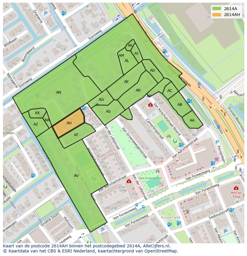 Afbeelding van het postcodegebied 2614 AH op de kaart.