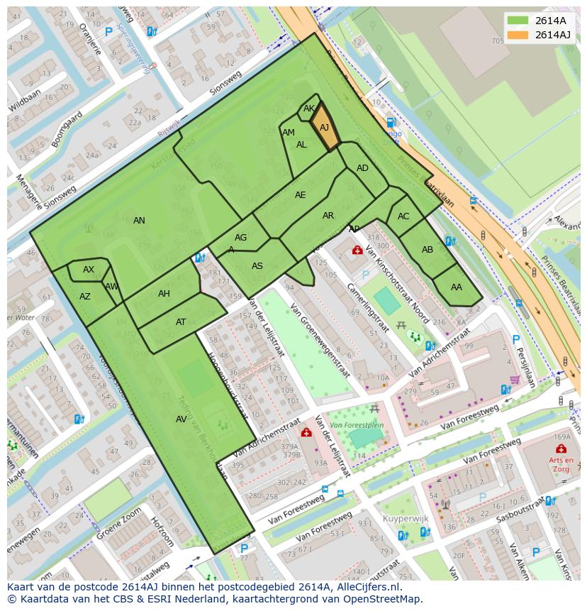 Afbeelding van het postcodegebied 2614 AJ op de kaart.