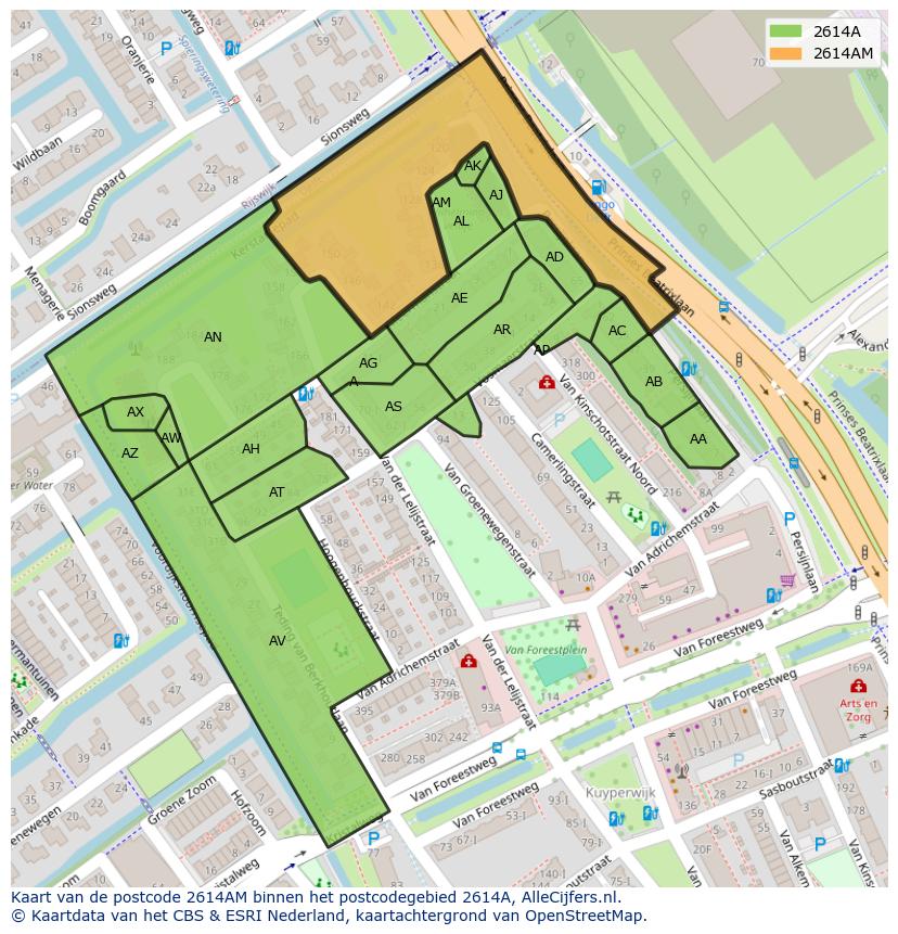 Afbeelding van het postcodegebied 2614 AM op de kaart.