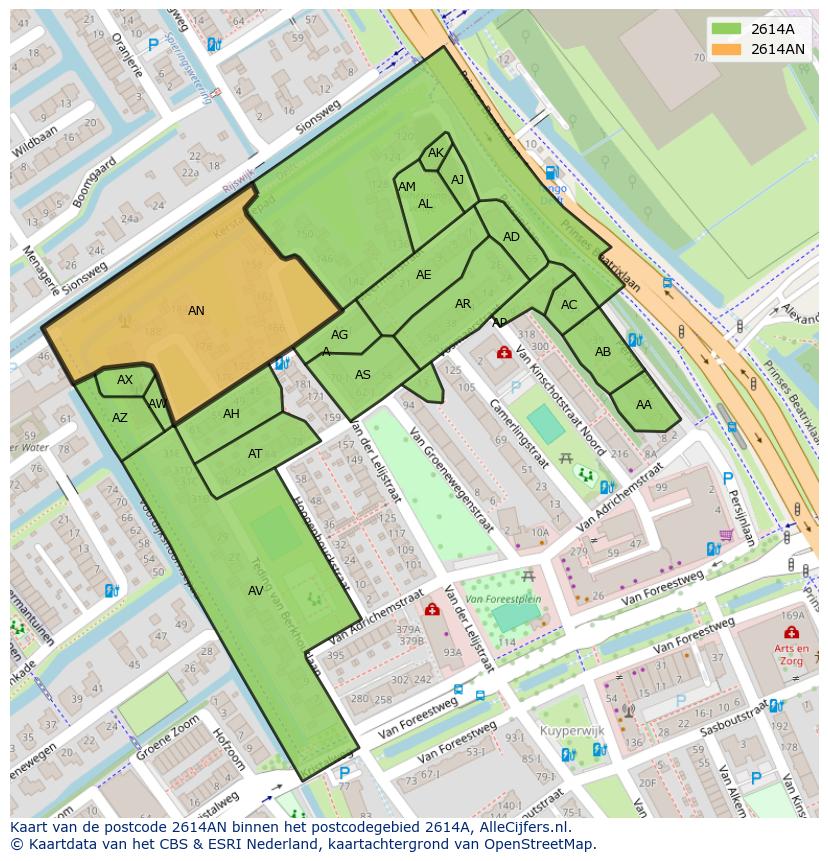 Afbeelding van het postcodegebied 2614 AN op de kaart.
