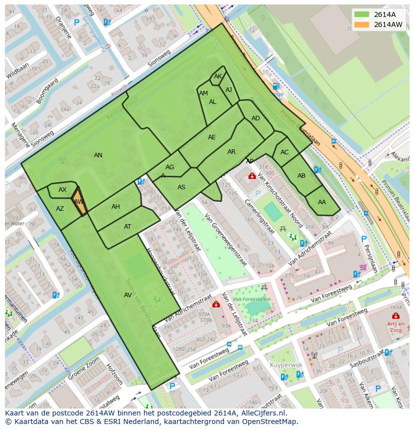 Afbeelding van het postcodegebied 2614 AW op de kaart.