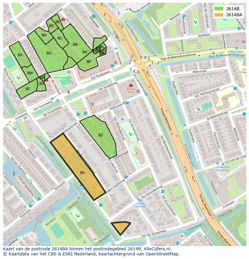 Afbeelding van het postcodegebied 2614 BA op de kaart.