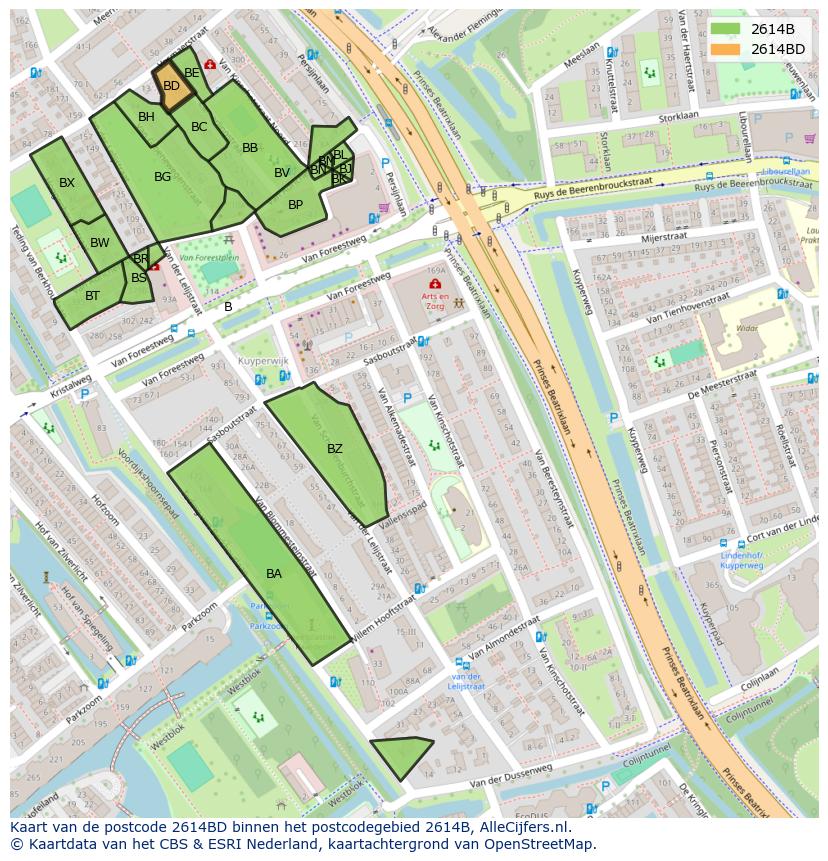 Afbeelding van het postcodegebied 2614 BD op de kaart.