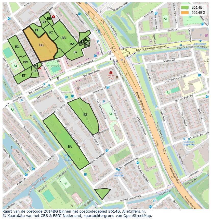 Afbeelding van het postcodegebied 2614 BG op de kaart.