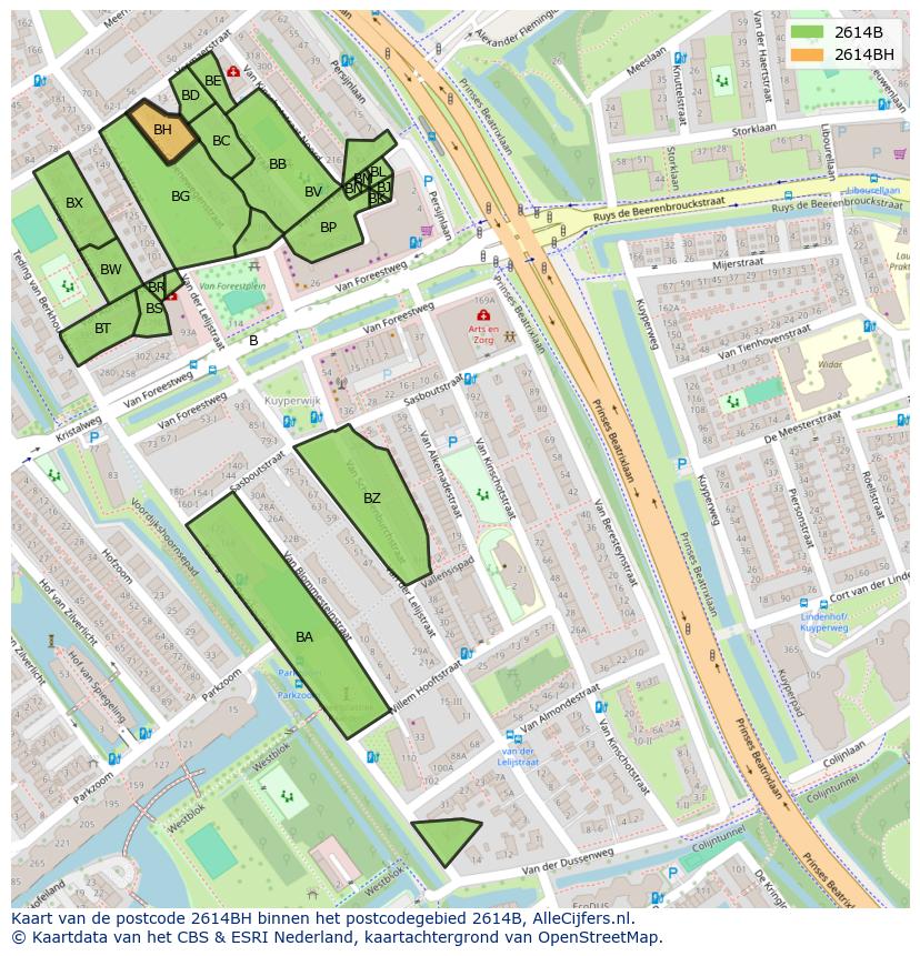 Afbeelding van het postcodegebied 2614 BH op de kaart.