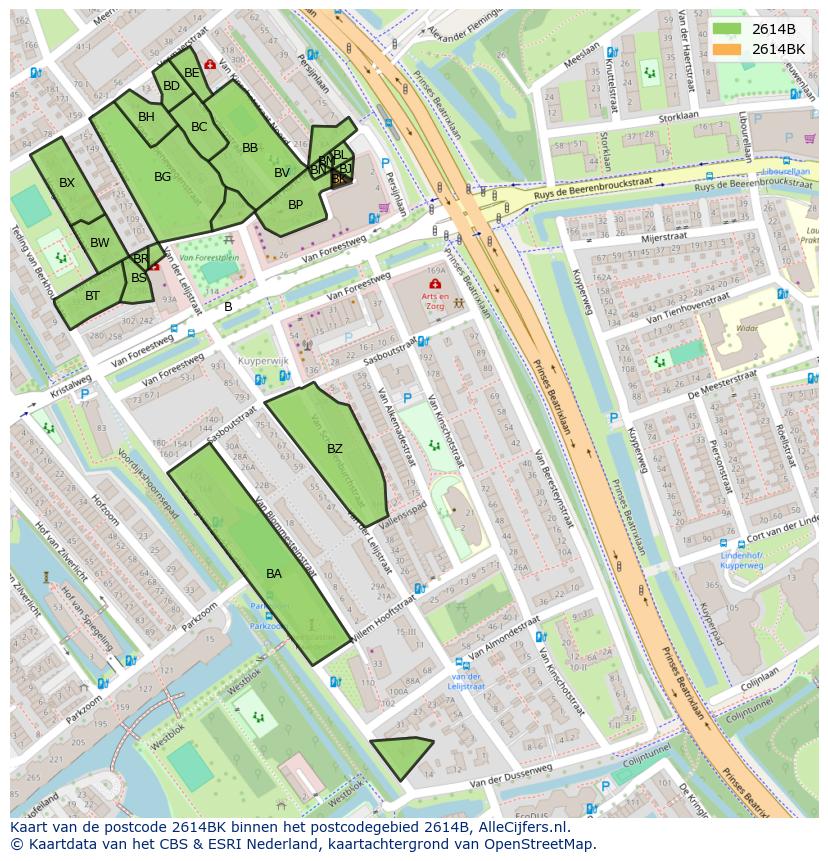 Afbeelding van het postcodegebied 2614 BK op de kaart.