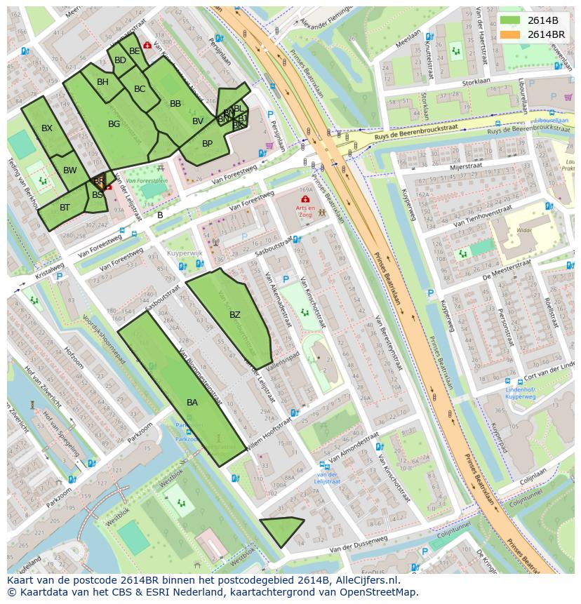 Afbeelding van het postcodegebied 2614 BR op de kaart.