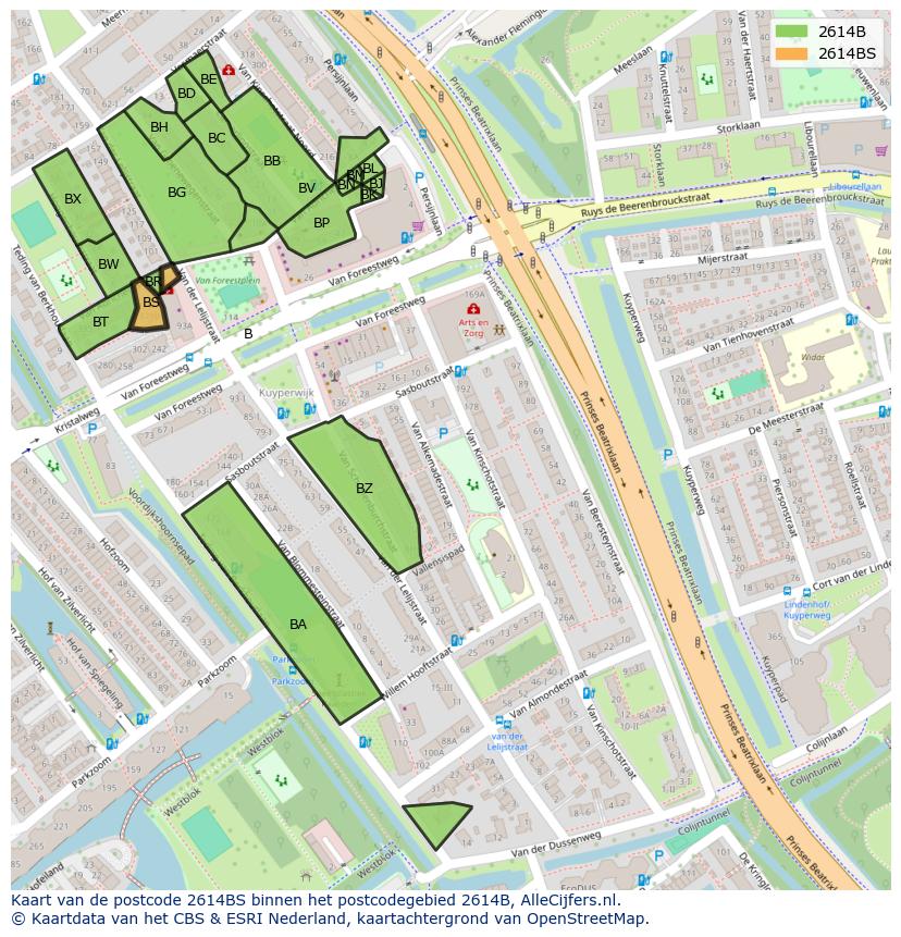 Afbeelding van het postcodegebied 2614 BS op de kaart.