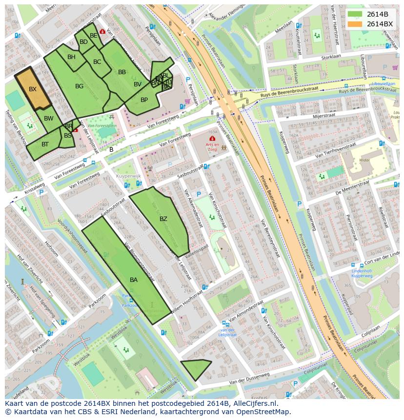 Afbeelding van het postcodegebied 2614 BX op de kaart.