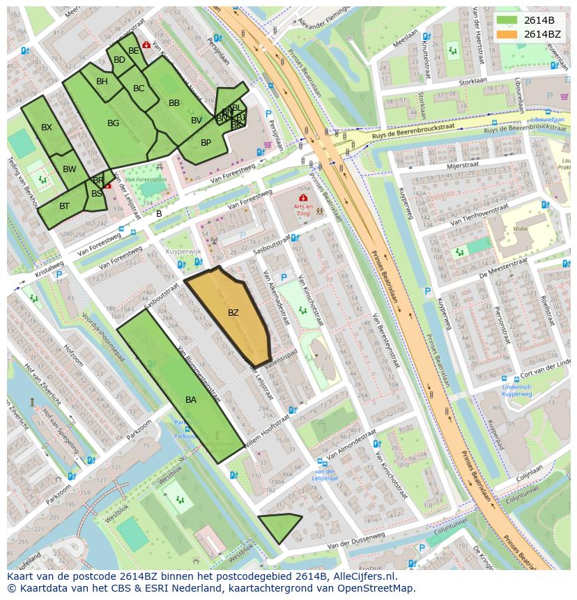 Afbeelding van het postcodegebied 2614 BZ op de kaart.