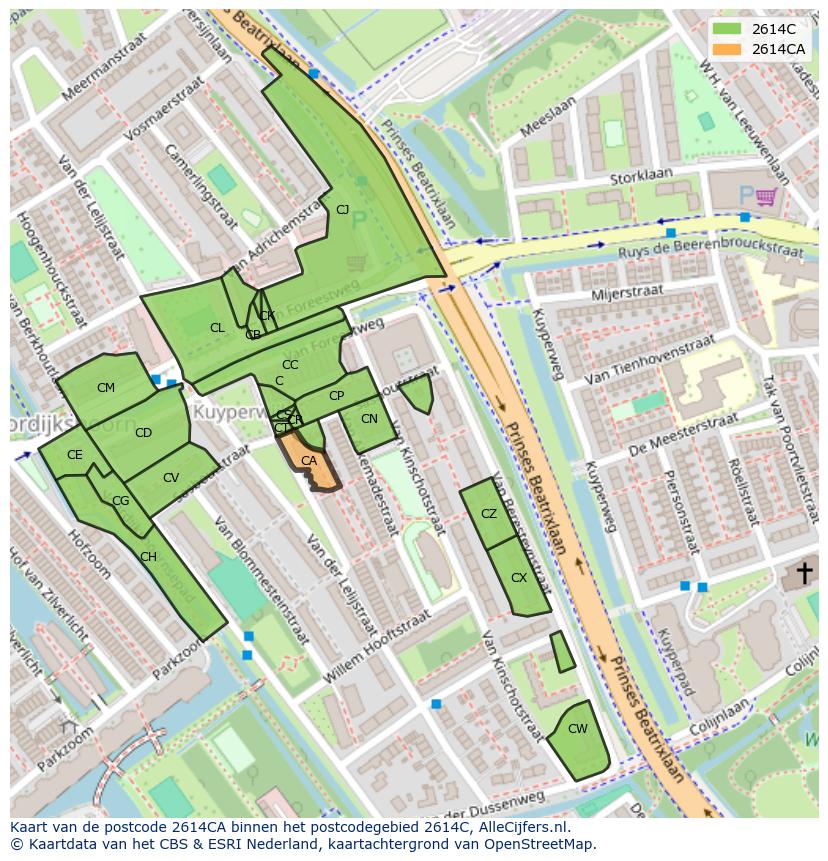 Afbeelding van het postcodegebied 2614 CA op de kaart.