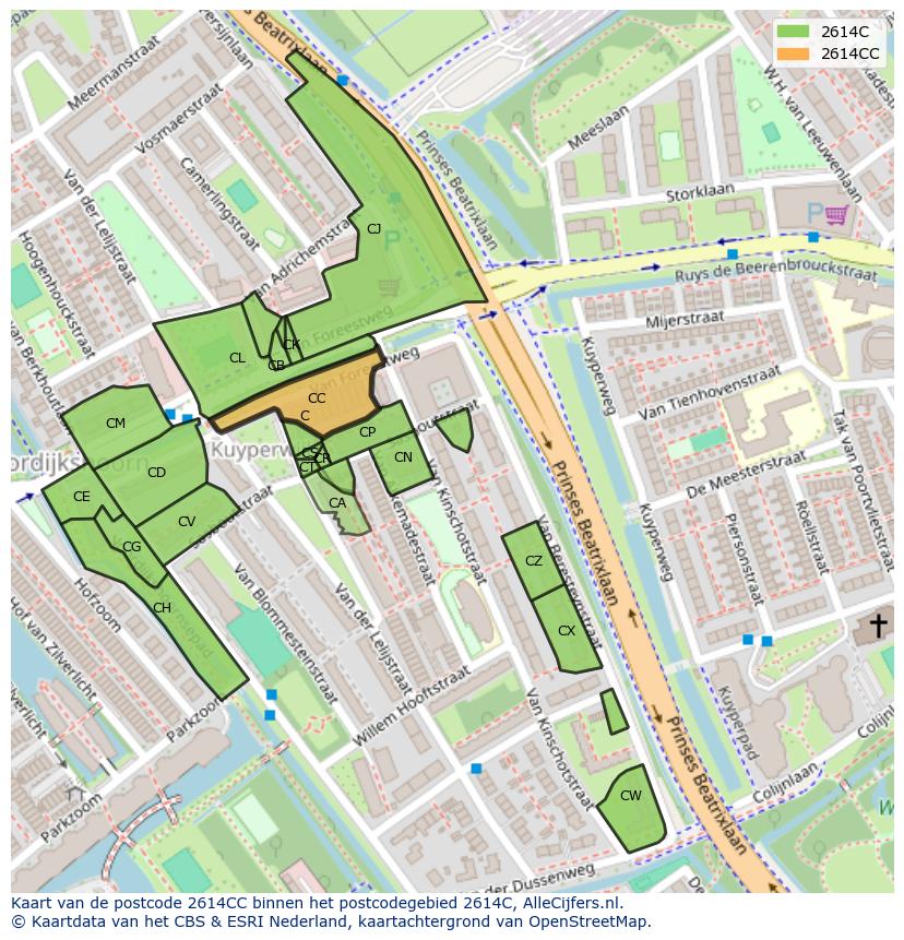 Afbeelding van het postcodegebied 2614 CC op de kaart.