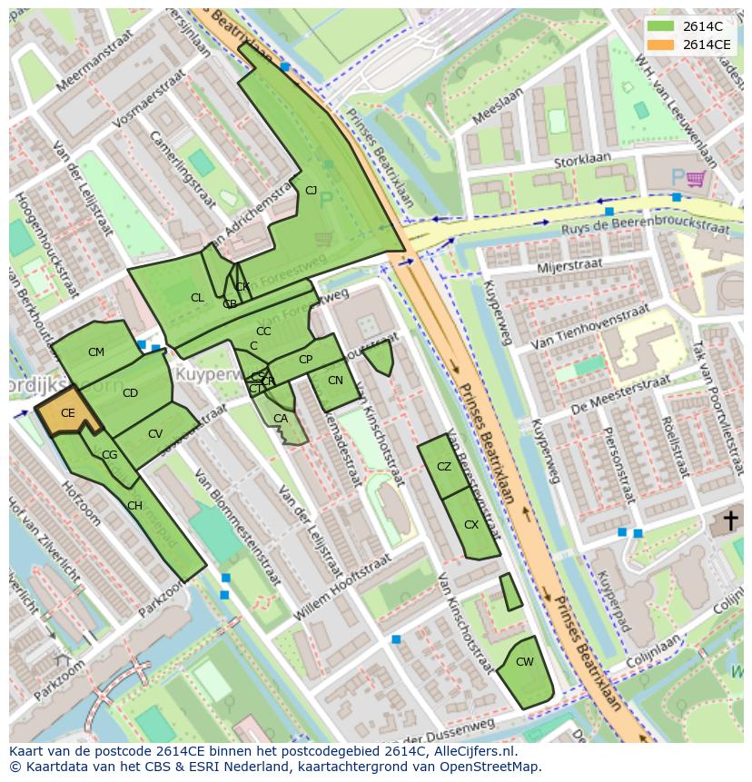 Afbeelding van het postcodegebied 2614 CE op de kaart.