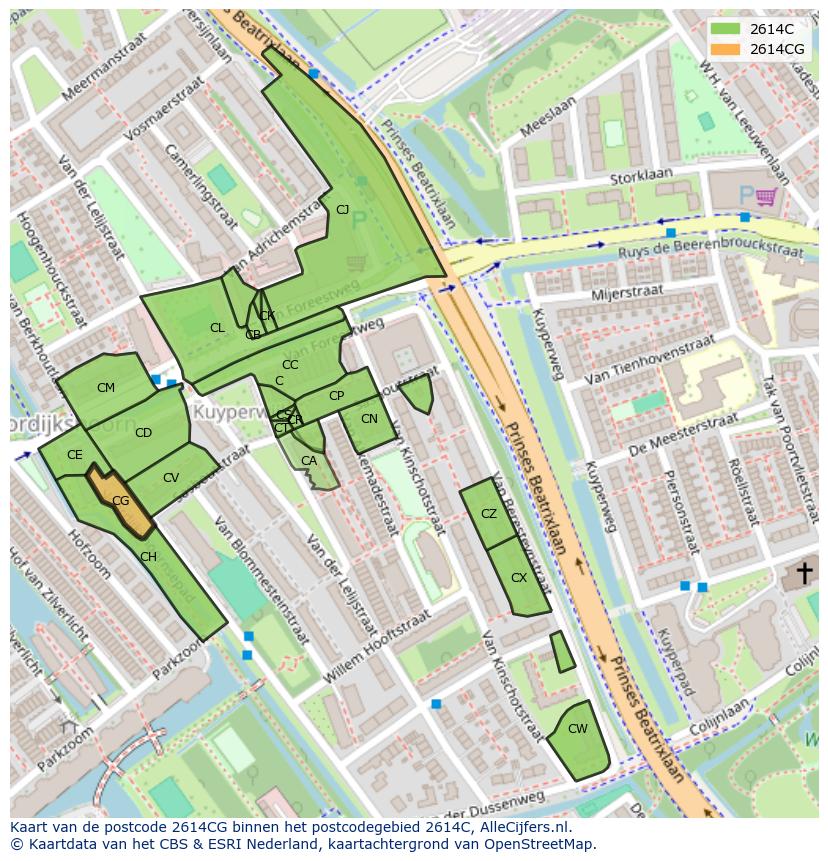 Afbeelding van het postcodegebied 2614 CG op de kaart.