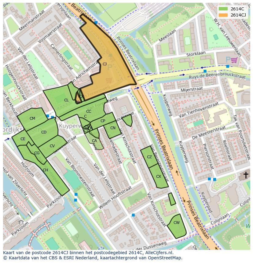Afbeelding van het postcodegebied 2614 CJ op de kaart.