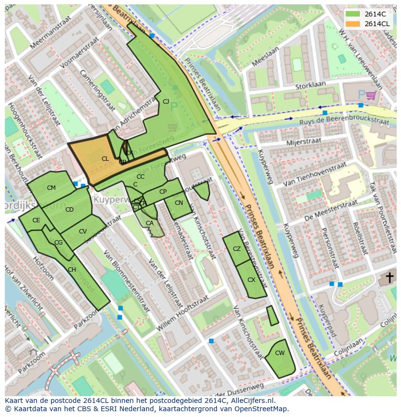 Afbeelding van het postcodegebied 2614 CL op de kaart.