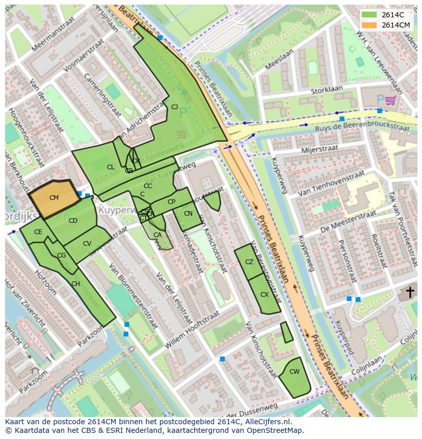 Afbeelding van het postcodegebied 2614 CM op de kaart.