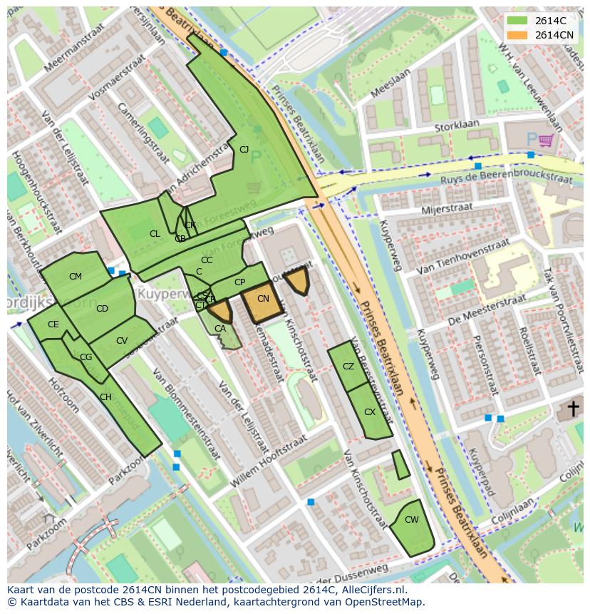 Afbeelding van het postcodegebied 2614 CN op de kaart.