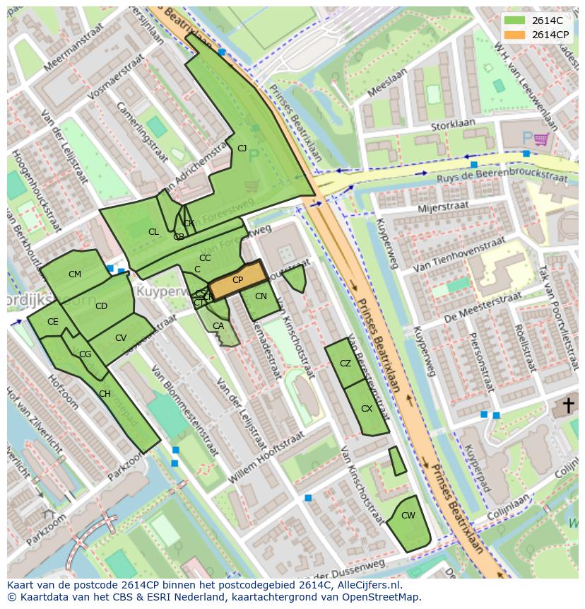 Afbeelding van het postcodegebied 2614 CP op de kaart.