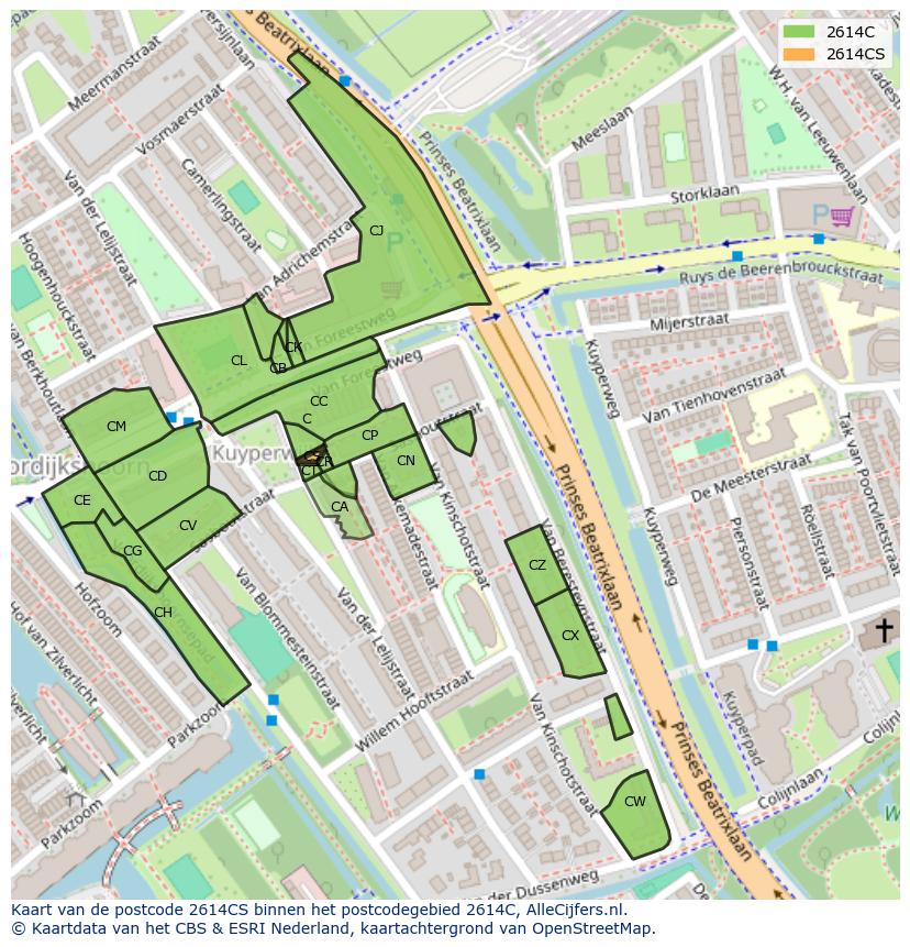 Afbeelding van het postcodegebied 2614 CS op de kaart.