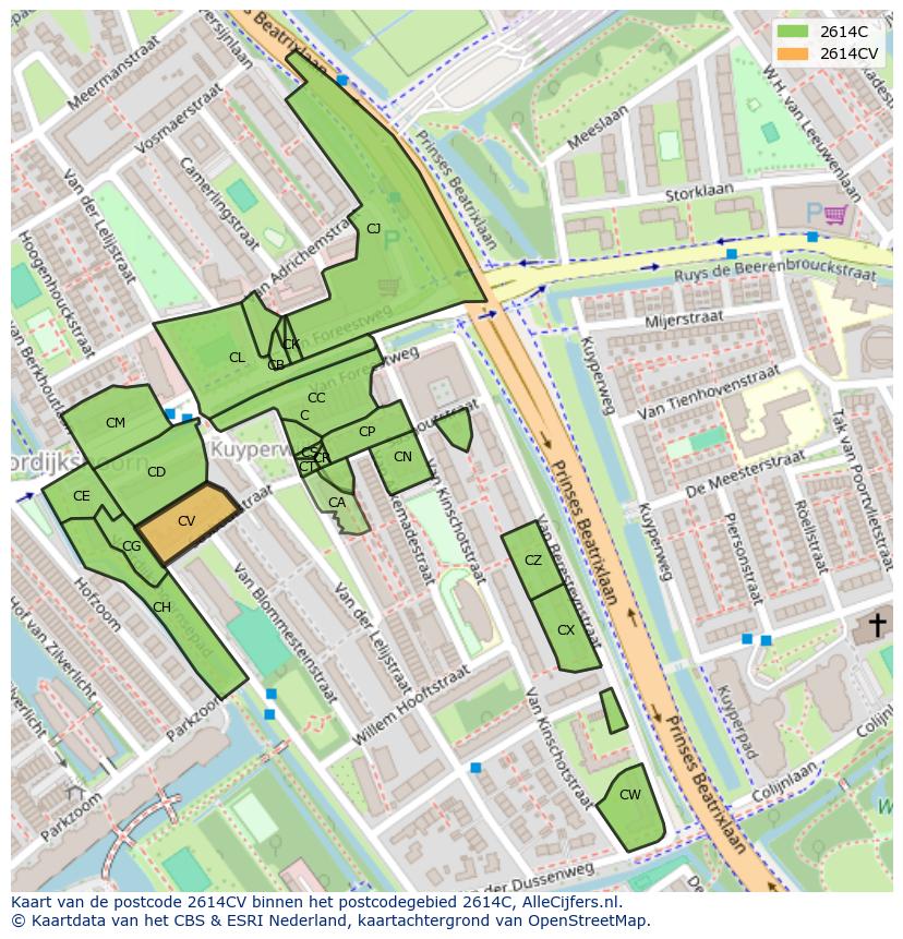 Afbeelding van het postcodegebied 2614 CV op de kaart.