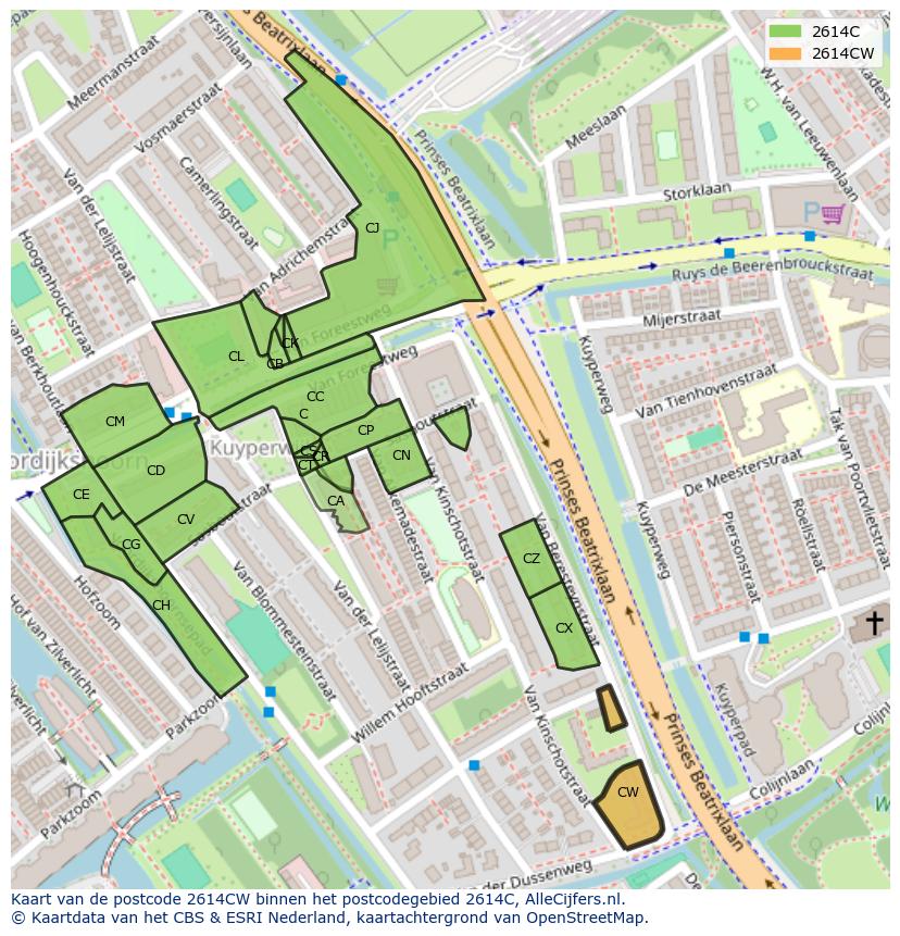 Afbeelding van het postcodegebied 2614 CW op de kaart.