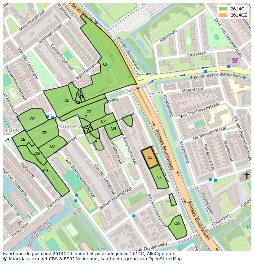 Afbeelding van het postcodegebied 2614 CZ op de kaart.