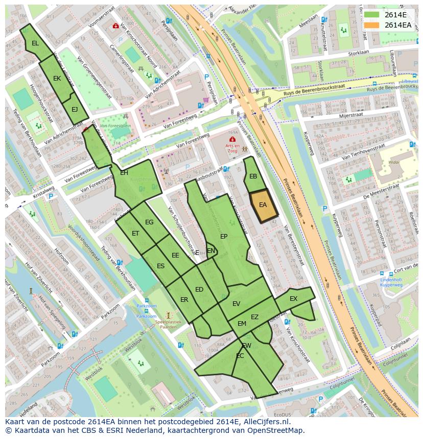 Afbeelding van het postcodegebied 2614 EA op de kaart.